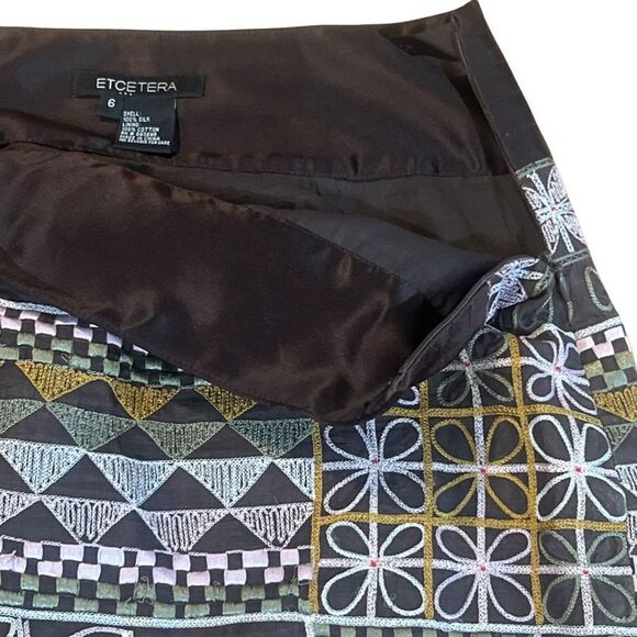 Etcetera Italian Brown Embroidered 100% Silk Geometric Pattern Womens skirt 6 - Picture 5 of 9